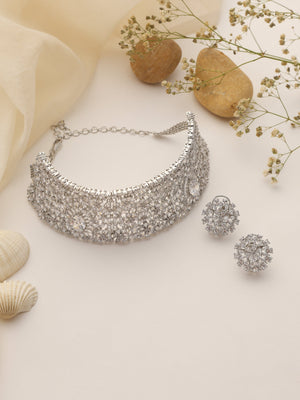 Celestial CZ Choker Necklace Set with Matching Statement Earrings – Silver Finish