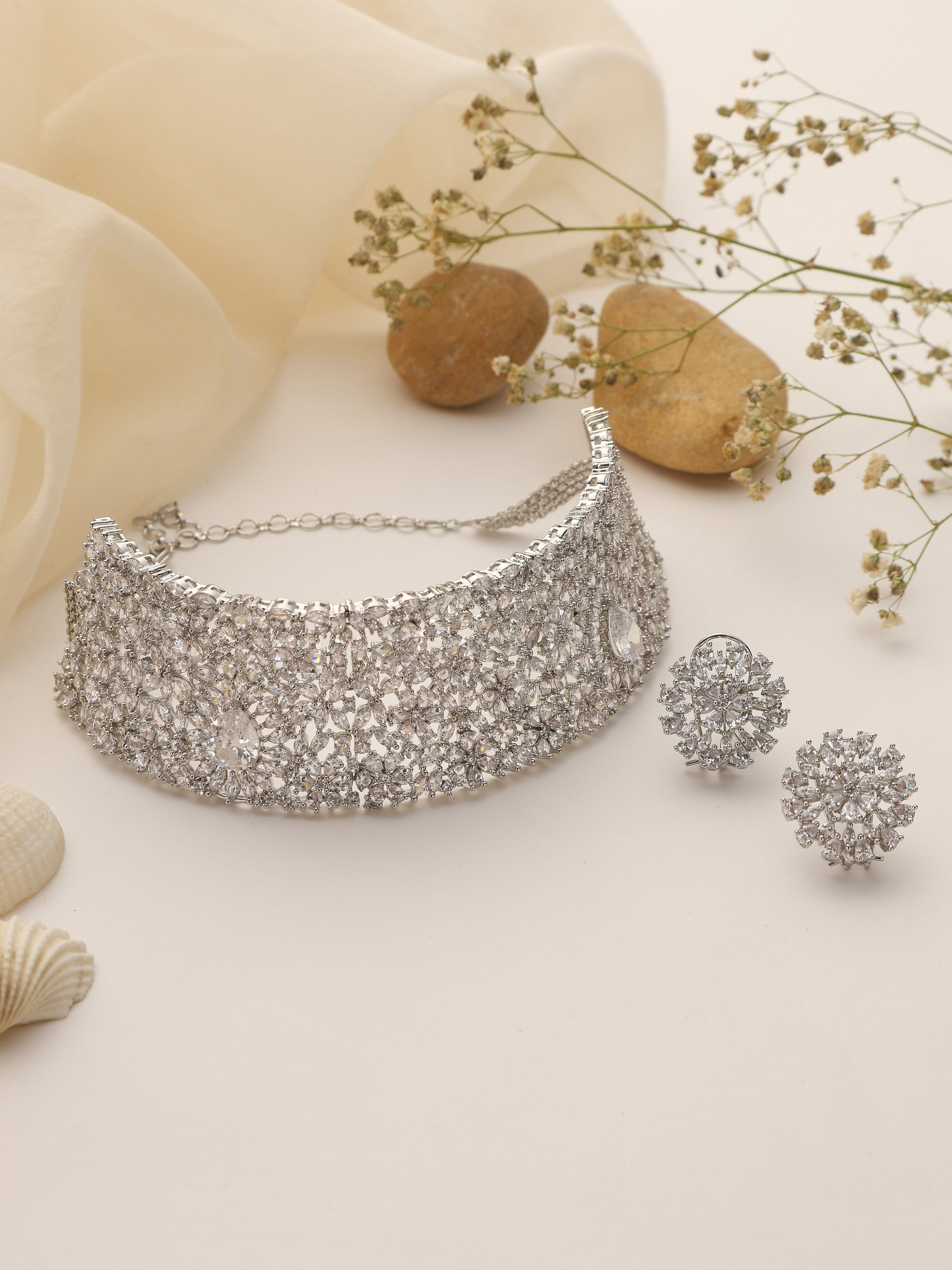 Celestial CZ Choker Necklace Set with Matching Statement Earrings – Silver Finish