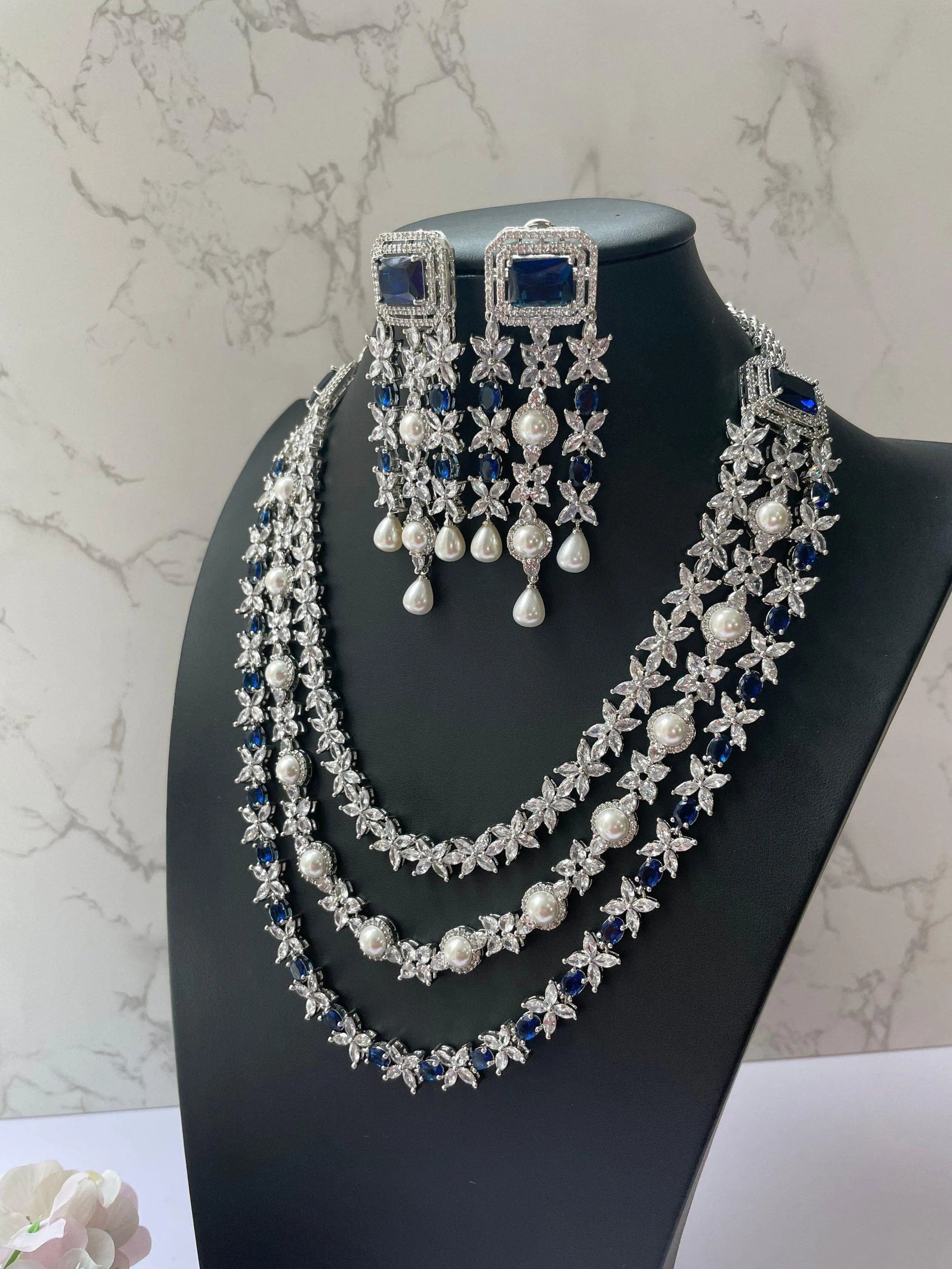 Vanya Blue Diamond Pearl Long Necklace Set
