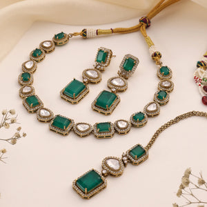 Devira Emerald Doublet Kundan Necklace Set with Earrings & Maang Tikka