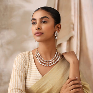 Diamond Shape Layered Uncut Polki Necklace Set with Drop Earrings
