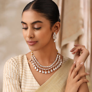 Diamond Shape Layered Uncut Polki Necklace Set with Drop Earrings