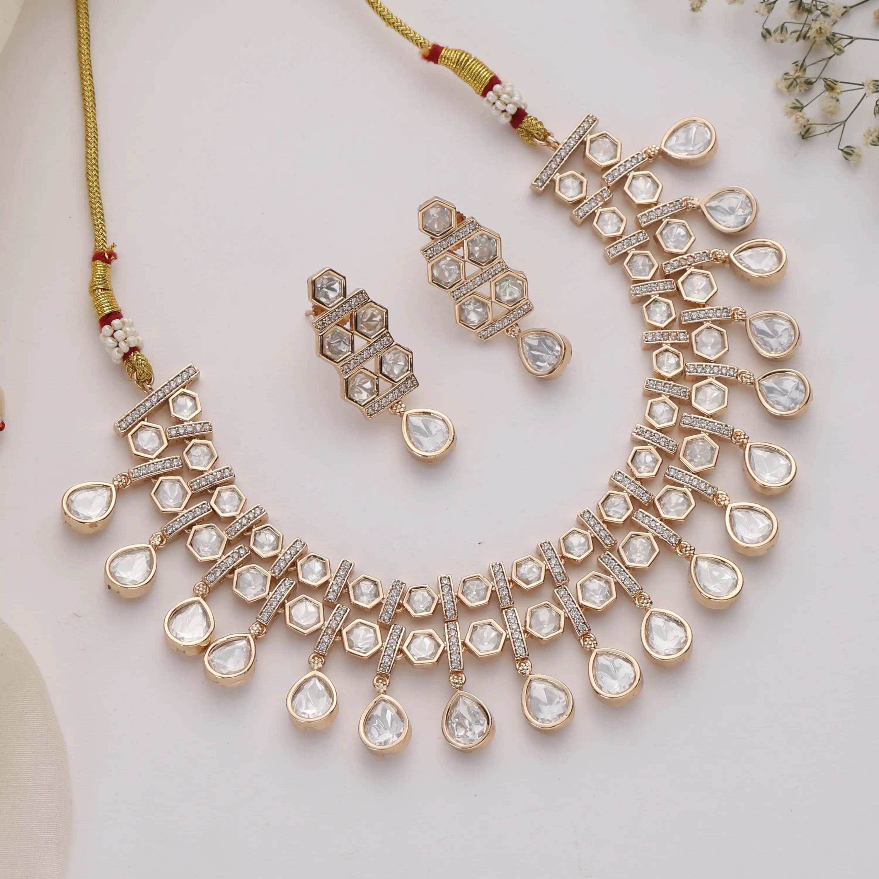 Diamond Shape Layered Uncut Polki Necklace Set with Drop Earrings