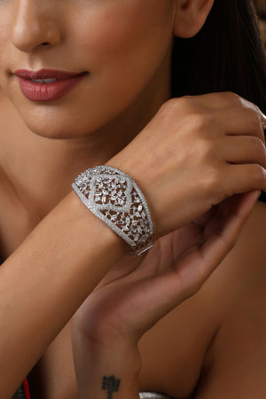Model wearing Baguette CZ Bracelet in silver finish, size 2.4