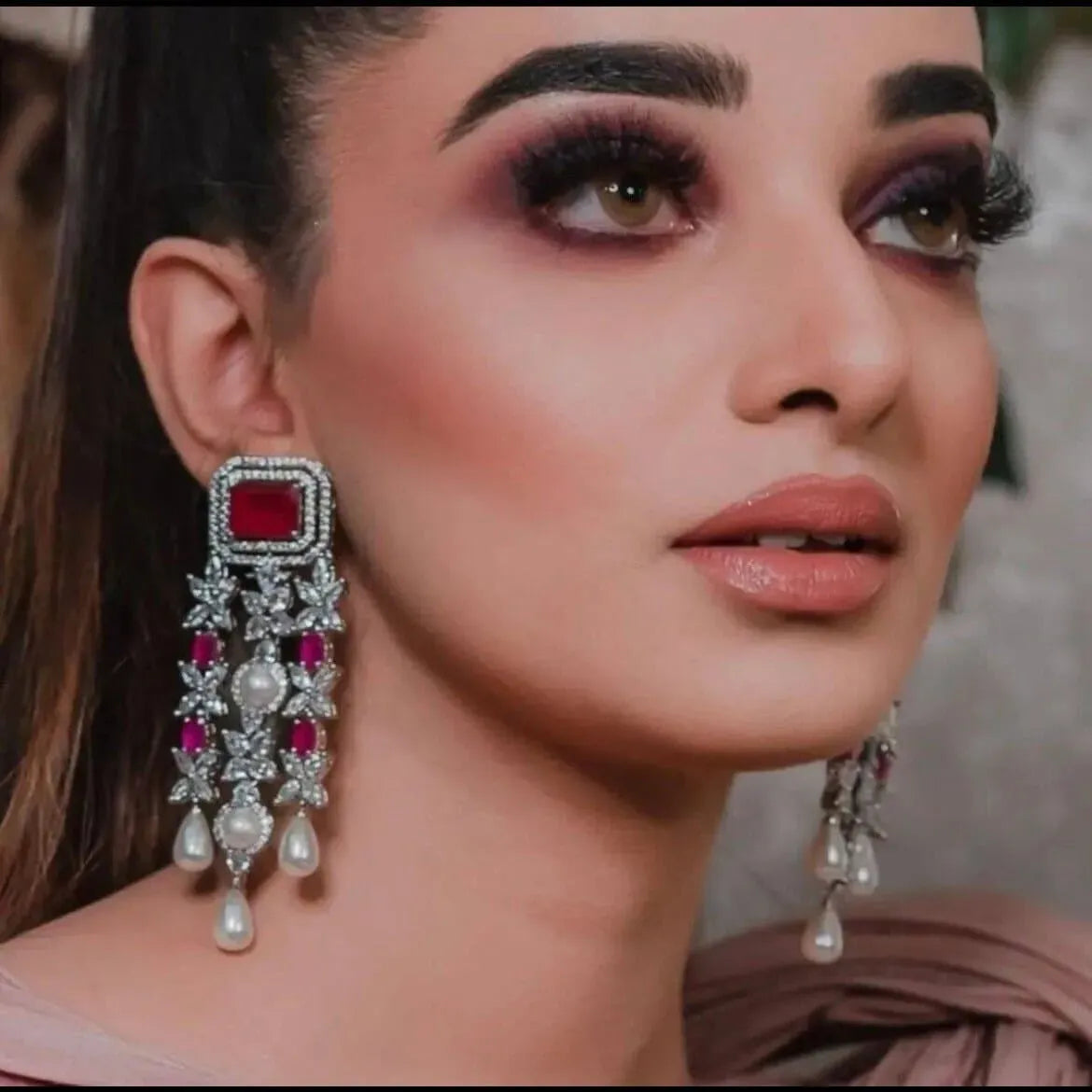 Vanya Ruby CZ Pearl Dangle Earrings