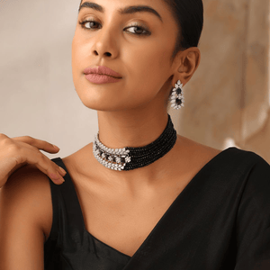 Elegant Black Bead CZ Necklace Set with Earrings – Silver Finish