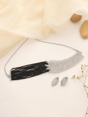 Elegant Cascade Black Bead CZ Necklace Set with Earrings – Silver Finish