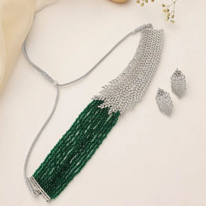 Emerald Cascade CZ Choker Necklace with Earrings – Statement Green & Diamond Finish Set