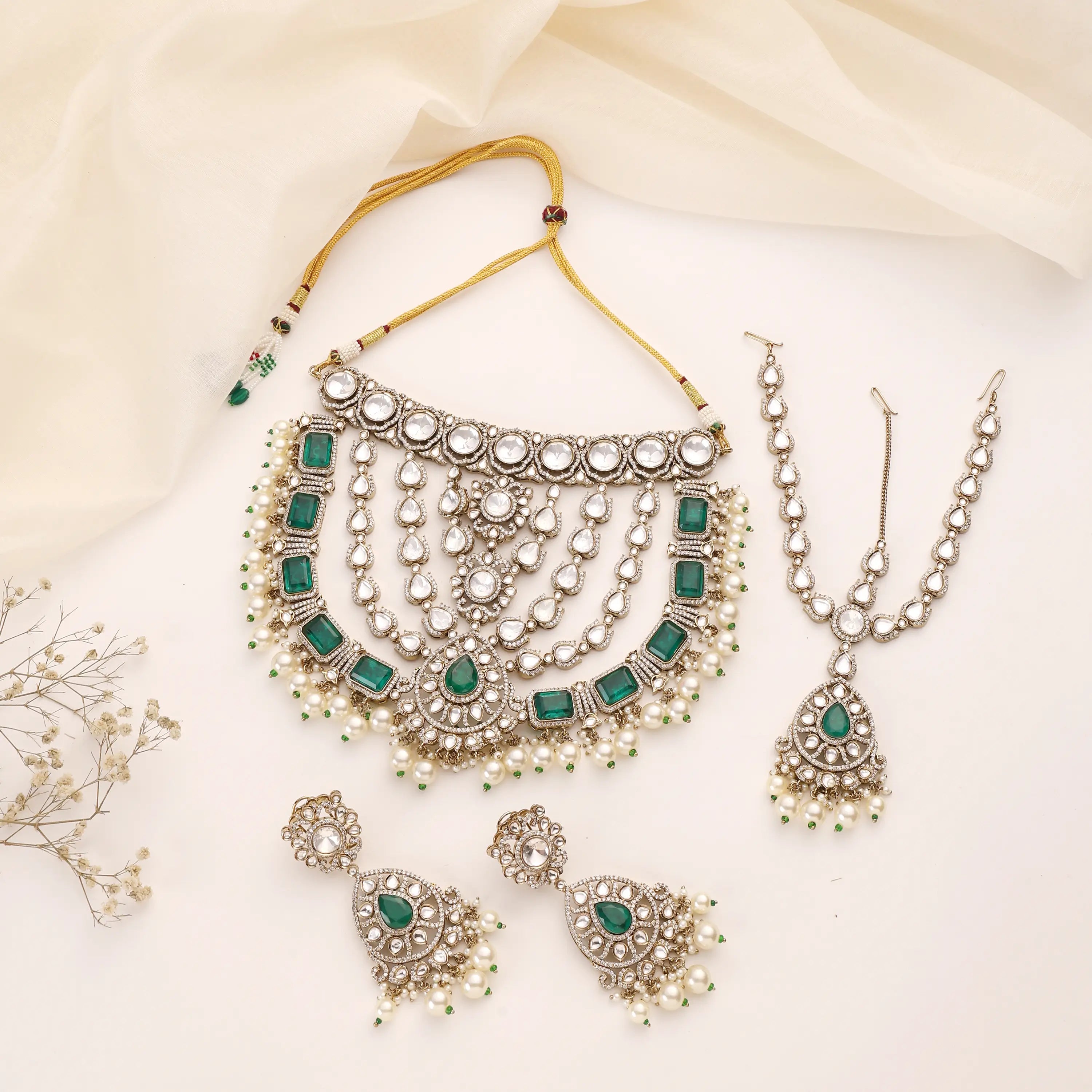 Emerald Doublet Kundan Bridal Necklace Set with Pearls
