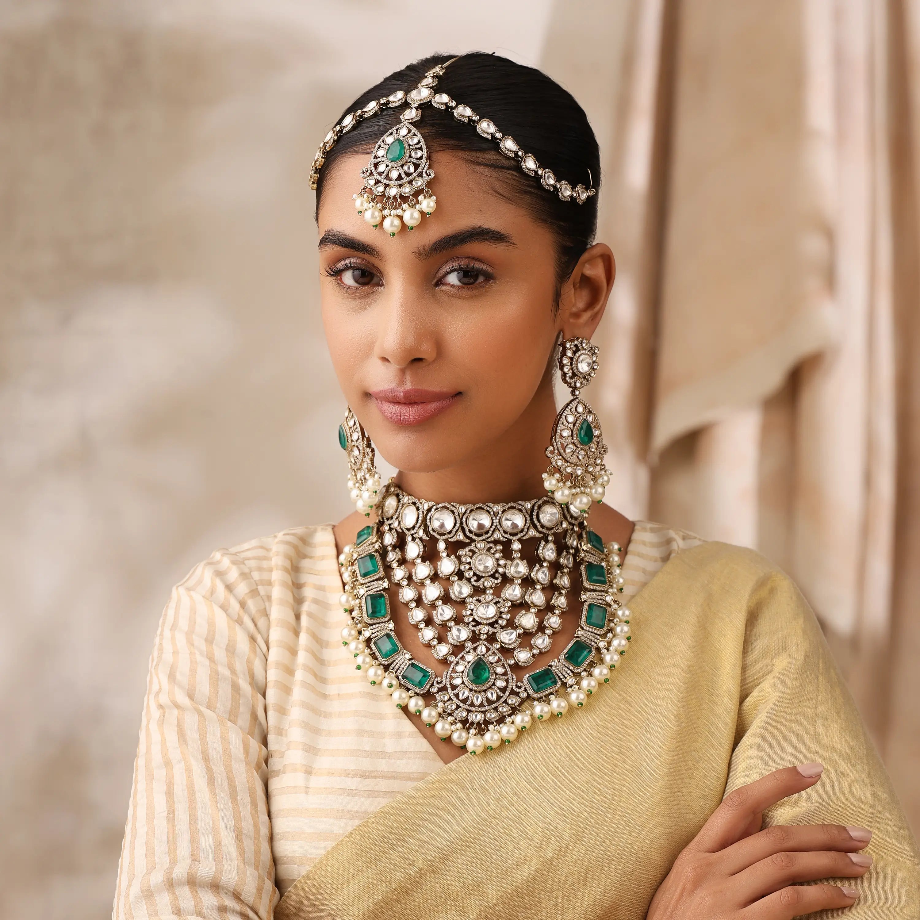 Emerald Doublet Kundan Bridal Necklace Set with Pearls
