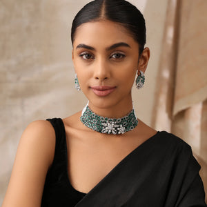 Emerald Floral CZ Choker Set with Earrings