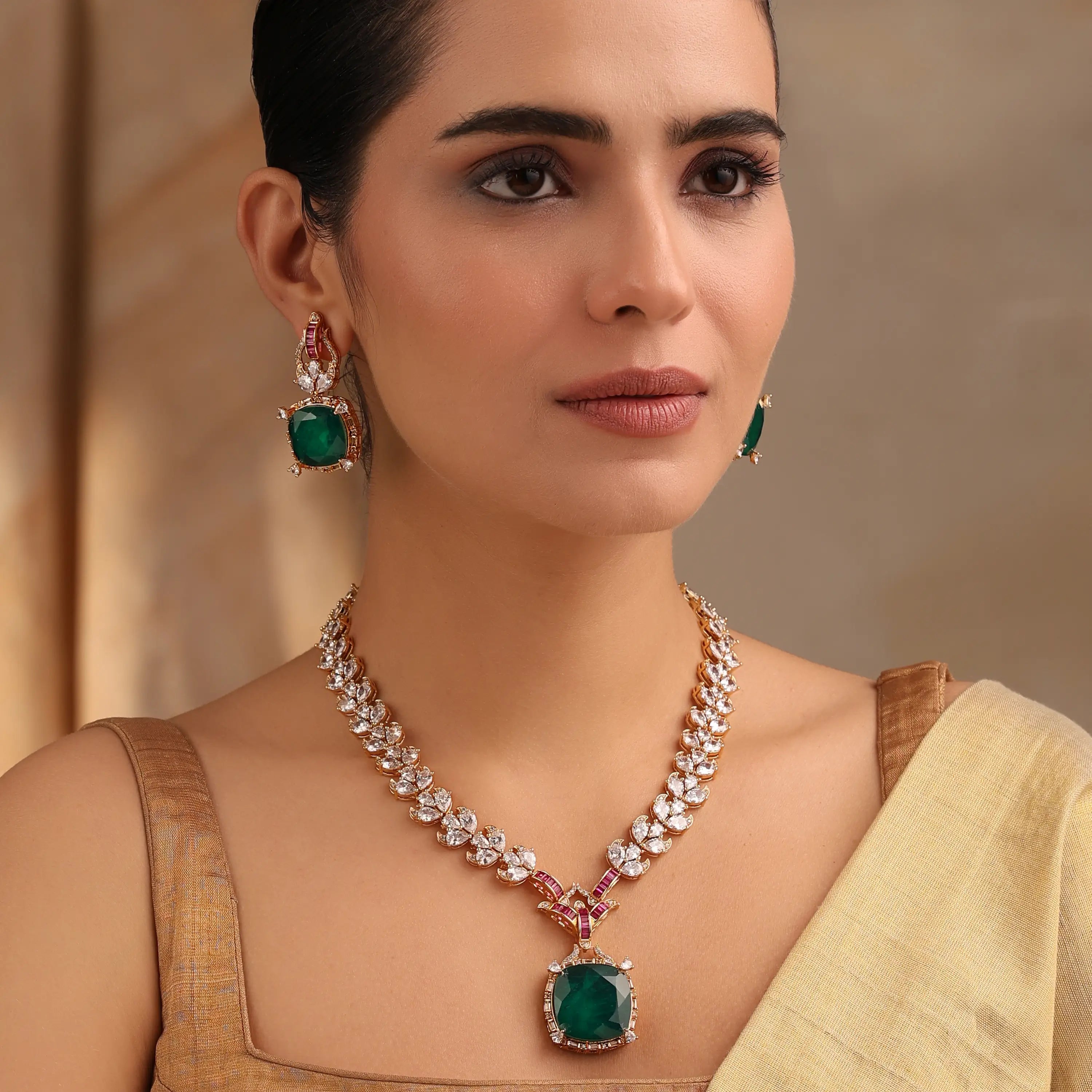Emerald Zoya Long Necklace Set (Necklace + Earrings)