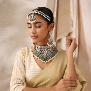 Fine Kundan Emerald Bridal Necklace Set with Pearls