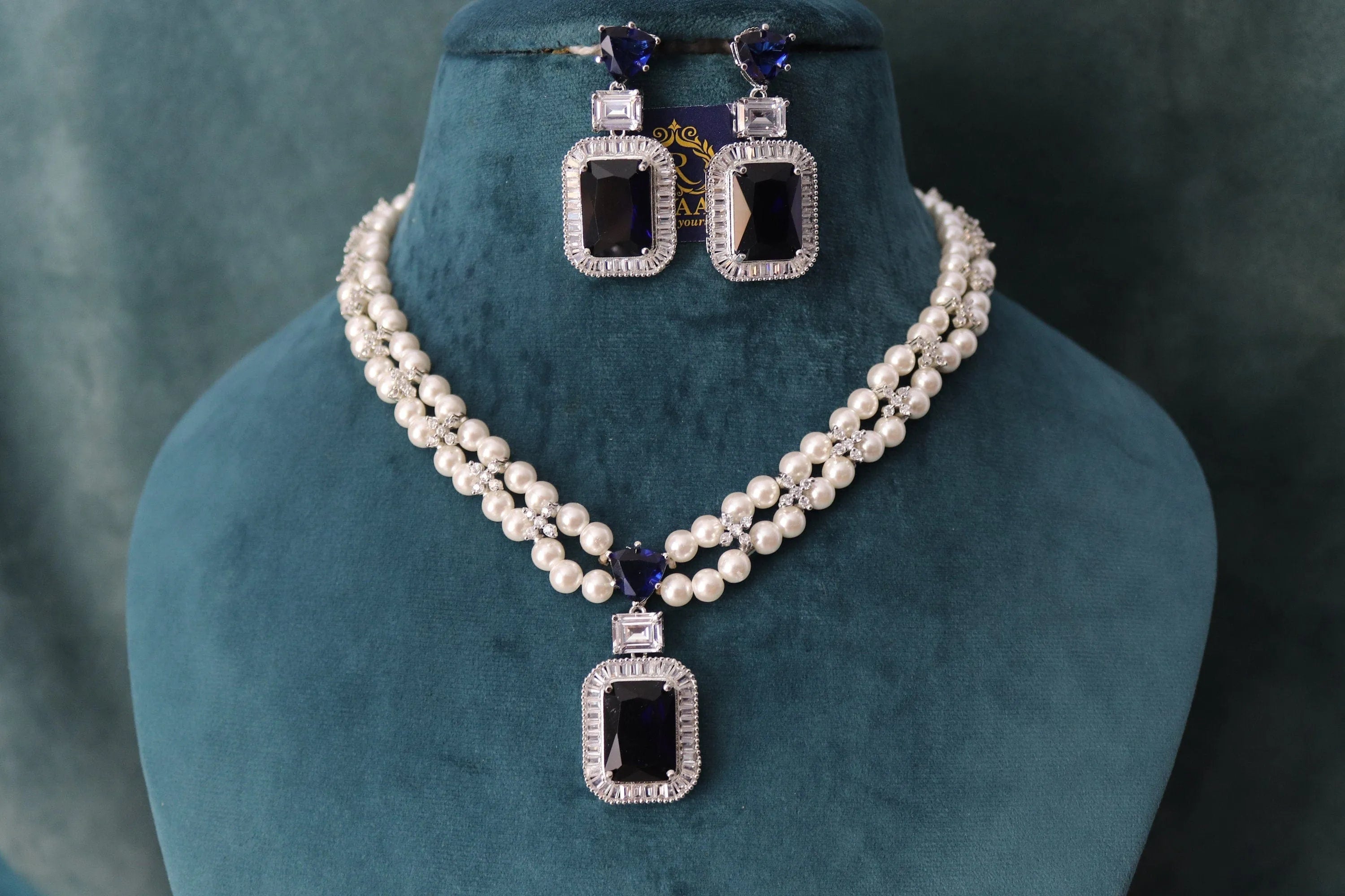 GlambyRivaaz Clearance Sale Sold Out Sapphire Pearl Diamond CZ Necklace Statement Jewelry American Diamond Statement Necklace Indian Jewelry blue CZ Necklace Indian