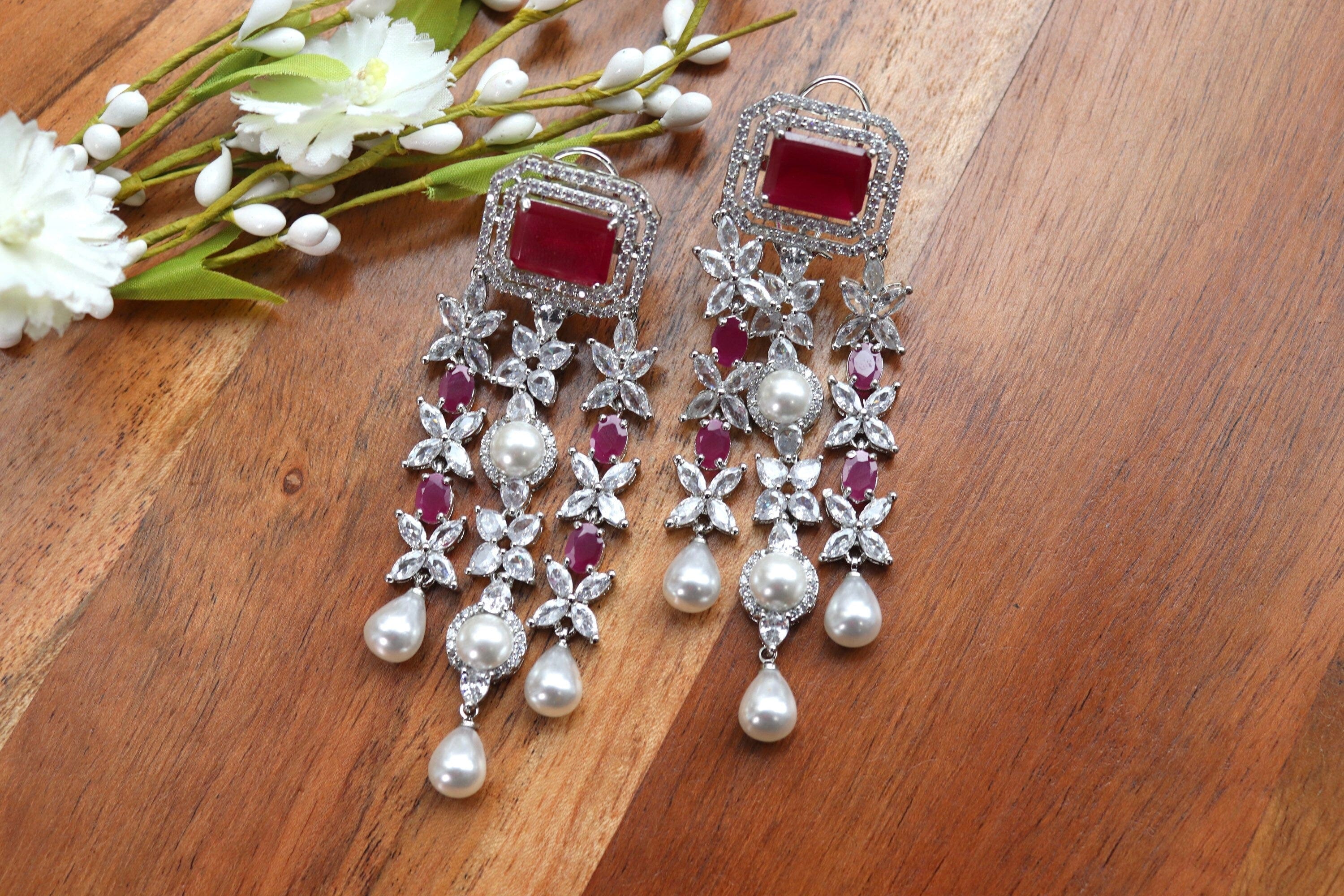 GlambyRivaaz Earrings Vanya Ruby CZ Pearl Dangle Earrings