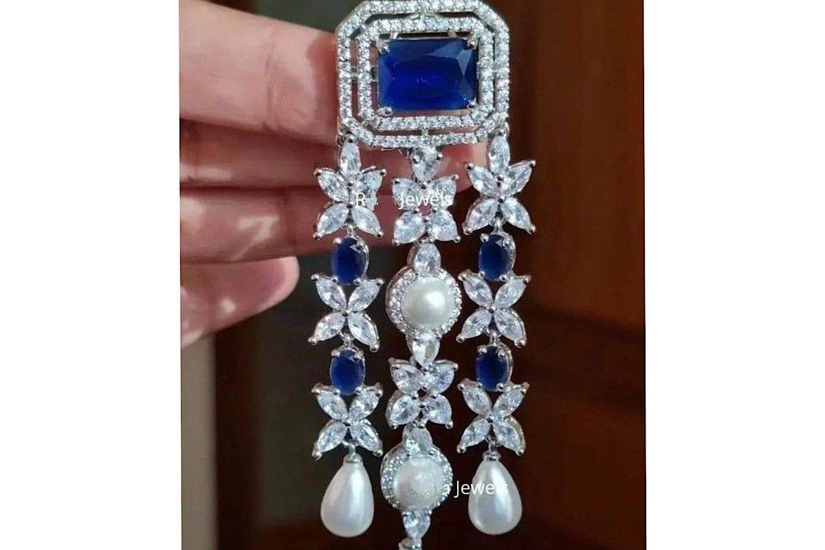 GlambyRivaaz Earrings Vanya Sapphire CZ Pearl Dangle Earrings