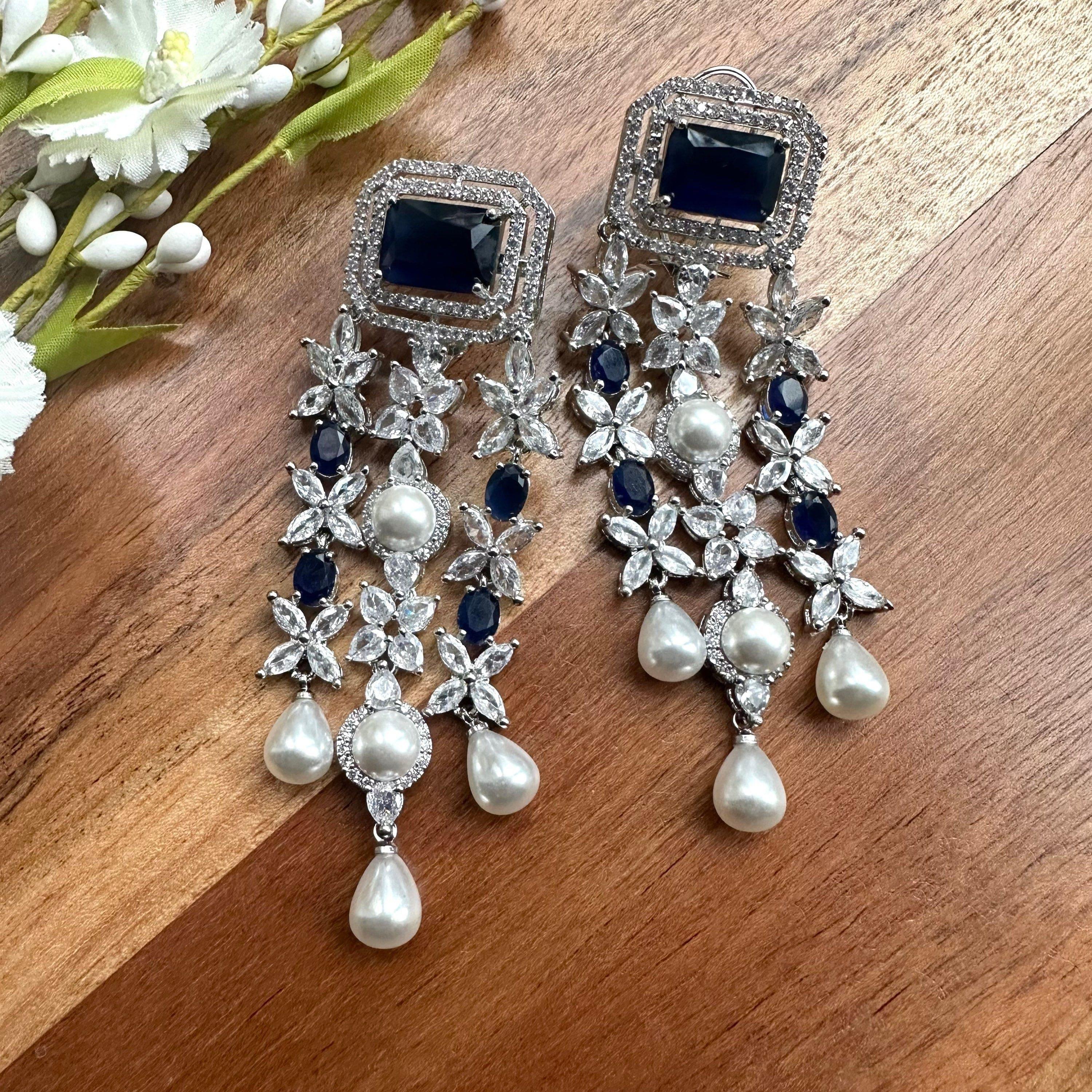 GlambyRivaaz Earrings Vanya Sapphire CZ Pearl Dangle Earrings