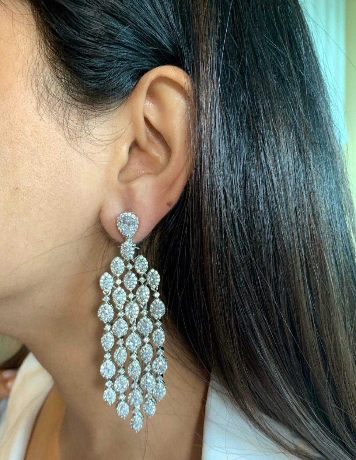 Waterfall CZ Diamond Earrings Crystal Jewelry Statement Earrings Indian Bollywood Earrings Dangle Punjabi Earrings American Diamond Long MyRivaaz