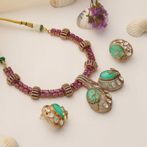 Gulbahar Mint Ruby Polki Necklace Set with Earrings