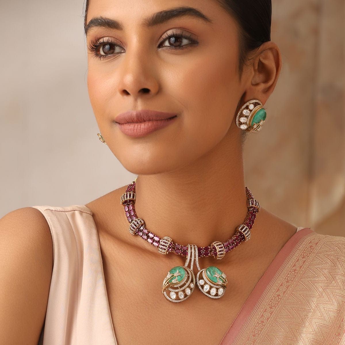 Gulbahar Mint Ruby Polki Necklace Set with Earrings