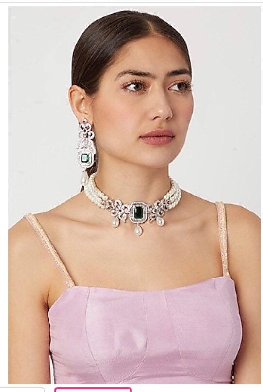 CZ Diamond Choker Necklace with earrings Indian jewelry Crystal Choker Indian Choker Pakistani jewelry Bollywood jewelry American Diamond