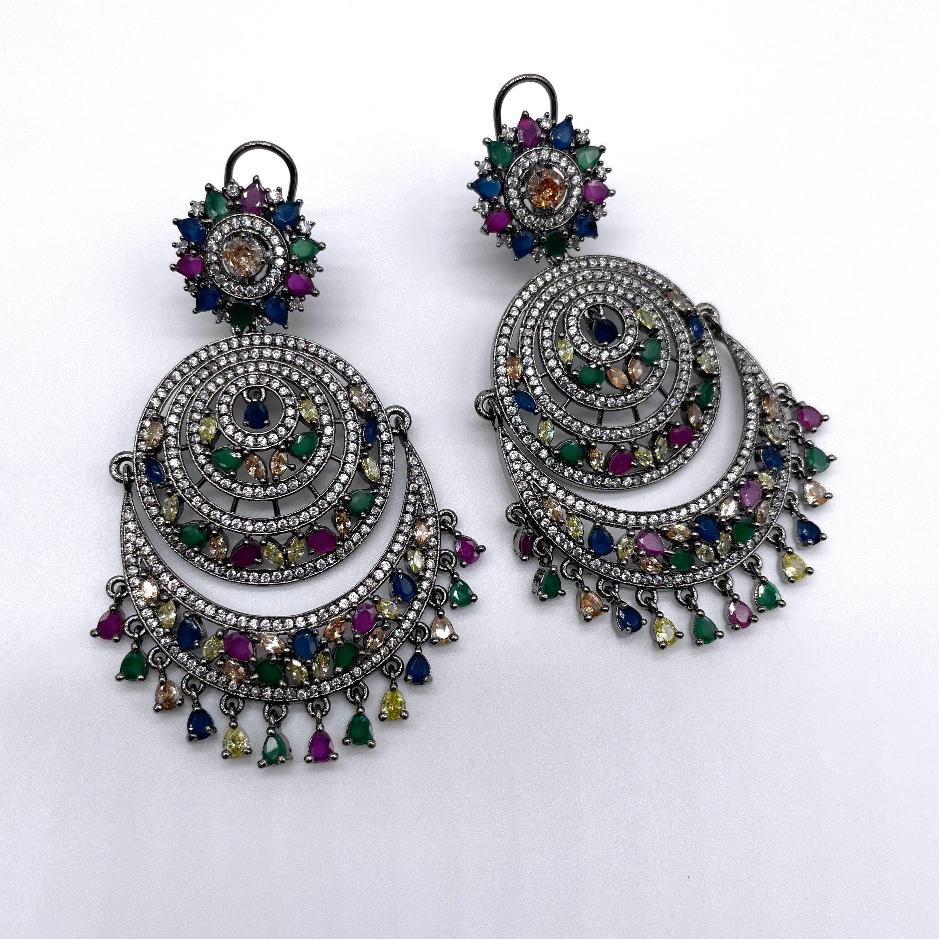 Pre Order Multicolored Diamond Chaandbalis/ CZ Chaandbali/ Zirconia Earrings/ Indian Earrings/ Pakistani Jewelry / Bollywood Jewelry