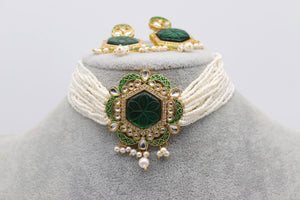 Pre Order Carved Emerald Gold Pearl Choker / Indian Necklace/ South Necklace/ One Gram Gold Plated Necklace/ Indian Jewelry