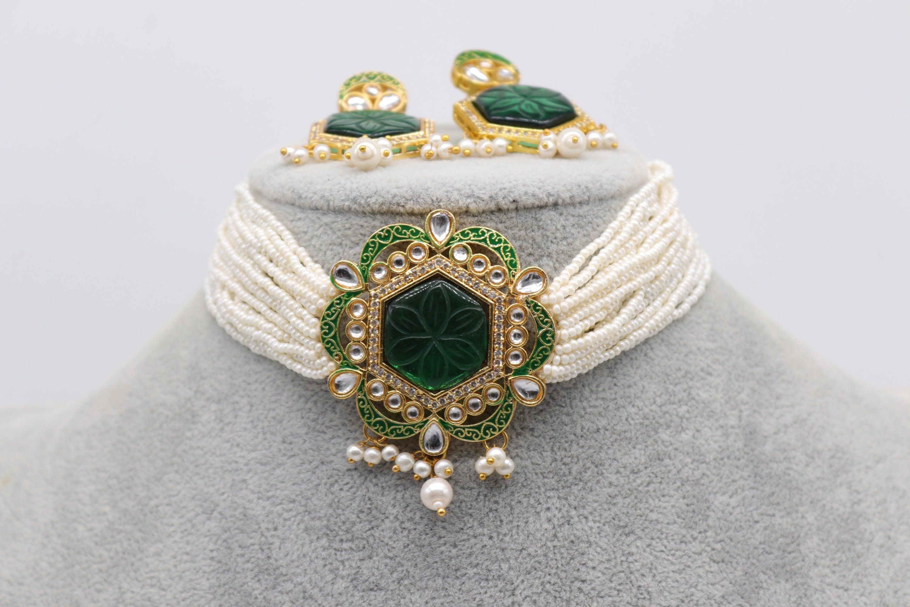 Pre Order Carved Emerald Gold Pearl Choker / Indian Necklace/ South Necklace/ One Gram Gold Plated Necklace/ Indian Jewelry