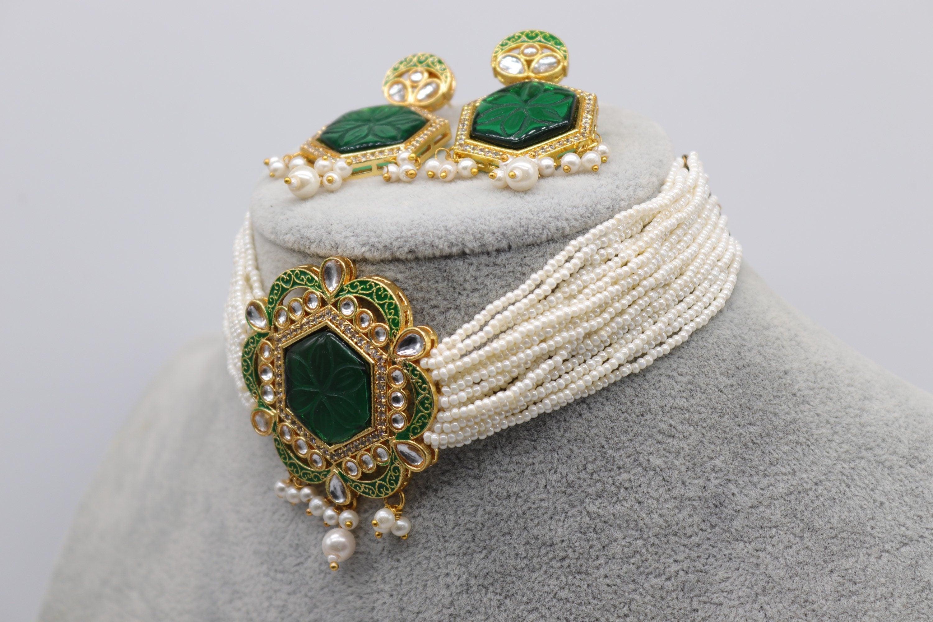 Pre Order Carved Emerald Gold Pearl Choker / Indian Necklace/ South Necklace/ One Gram Gold Plated Necklace/ Indian Jewelry
