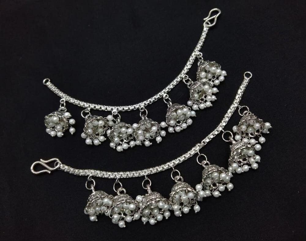 Silver Jhumka Ear Chain/ Indian Jewelry/ Indian Earrings/ Pakistani Jewelry/ Bollywood Jewelry/ Sahare/ Bahubali Eaarrings
