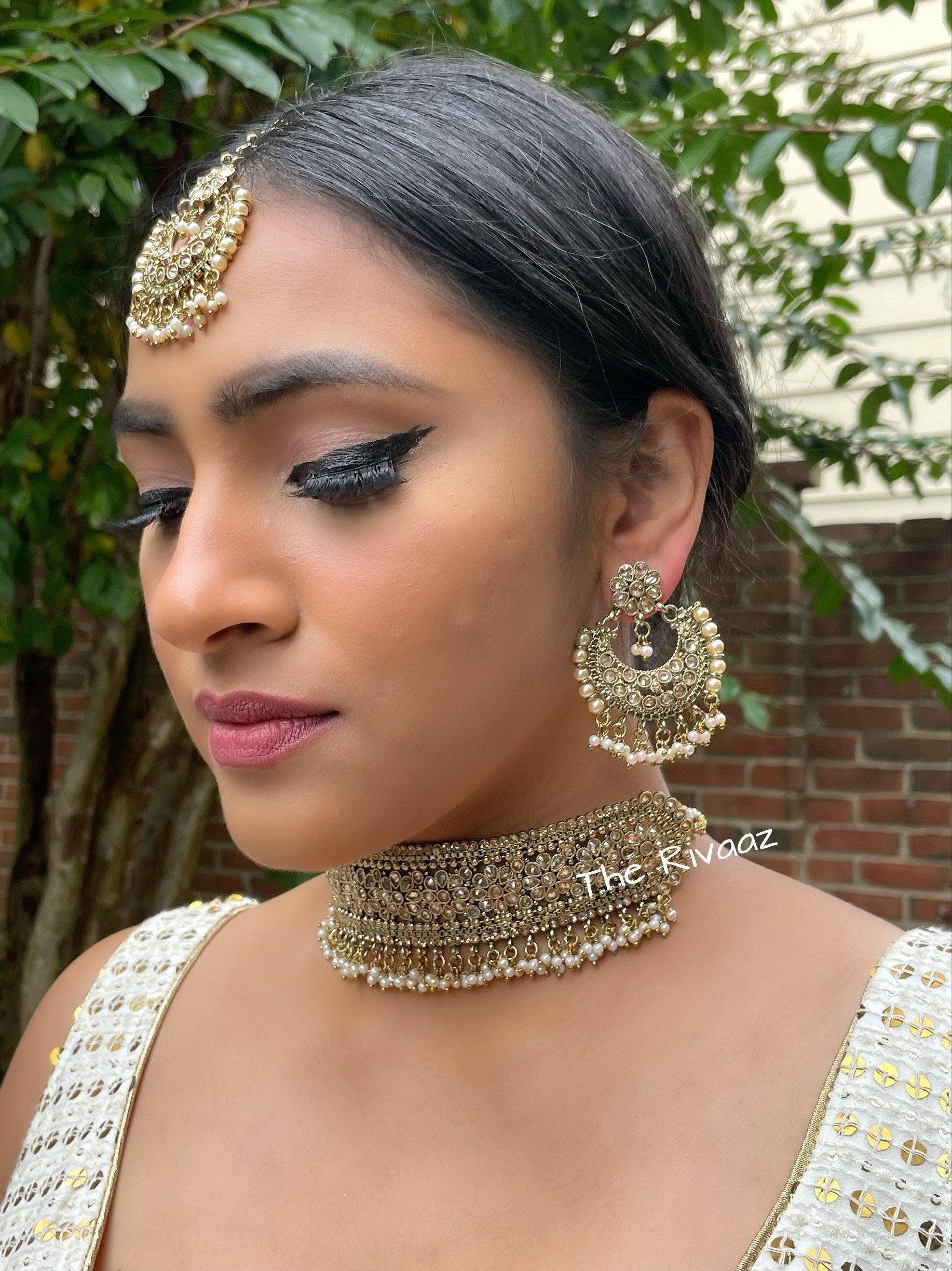 Antique Gold Polki Choker with chaandbali and tikka /Antique Gold Choker/Indian Choker Necklace/ Pakistani jewelry/ Indian jewelry