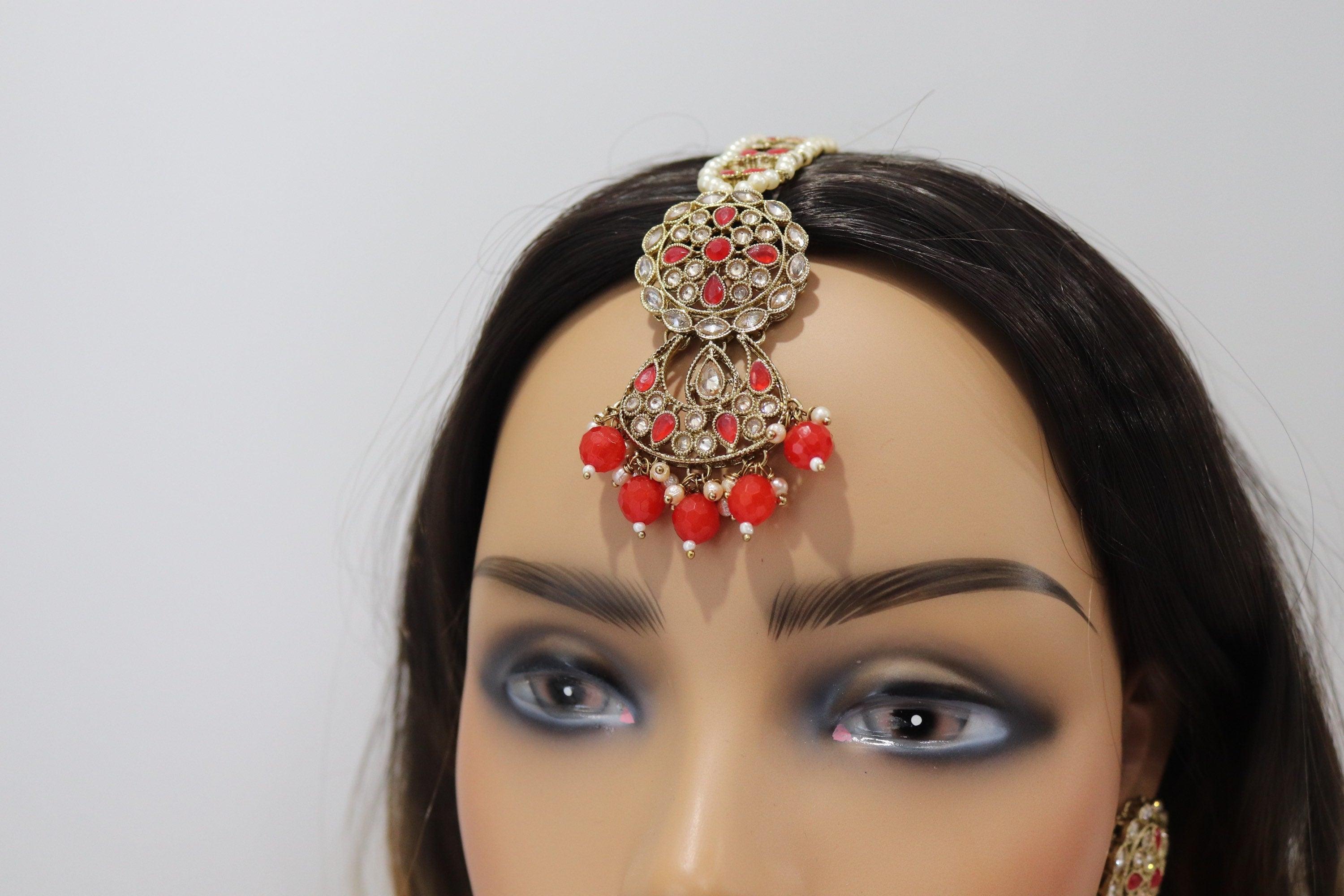 Red Antique Gold Polki Choker with Jhumka and tikka / Antique Gold Choker/ Indian Choker Necklace/ Pakistani jewelry/ Indian jewelry