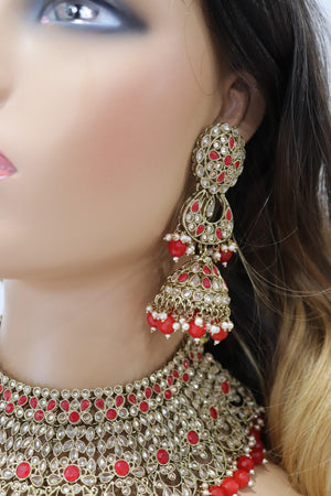 Red Antique Gold Polki Choker with Jhumka and tikka / Antique Gold Choker/ Indian Choker Necklace/ Pakistani jewelry/ Indian jewelry