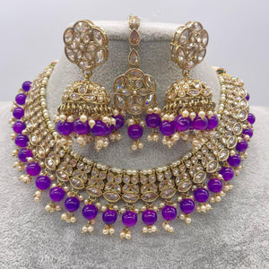 Purple Gold Polki Choker with chaandbali and tikka /Antique Gold Choker/Indian Choker Necklace/ Pakistani jewelry/ Indian jewelry