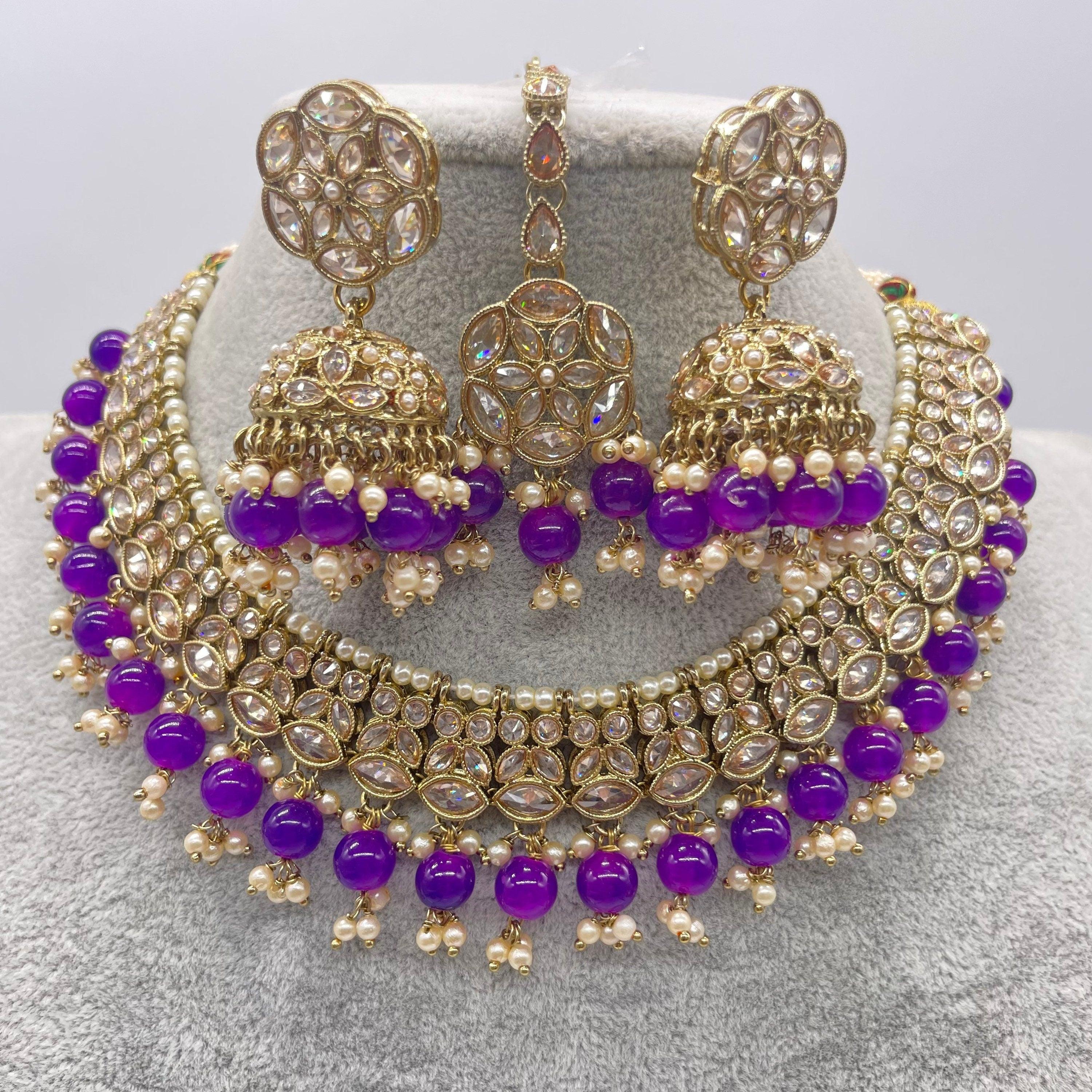 Purple Gold Polki Choker with chaandbali and tikka /Antique Gold Choker/Indian Choker Necklace/ Pakistani jewelry/ Indian jewelry