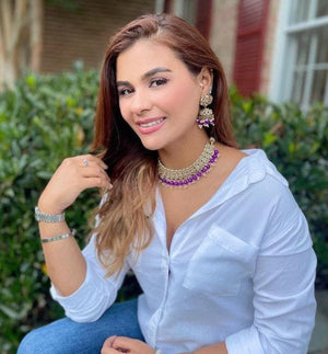 Purple Gold Polki Choker with chaandbali and tikka /Antique Gold Choker/Indian Choker Necklace/ Pakistani jewelry/ Indian jewelry