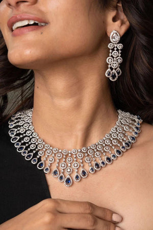 Sapphire CZ Diamond Necklace | Indian Jewelry | Pakistani Jewelry | Indian CZ Necklace Set | American Diamond Necklace Blue Diamond