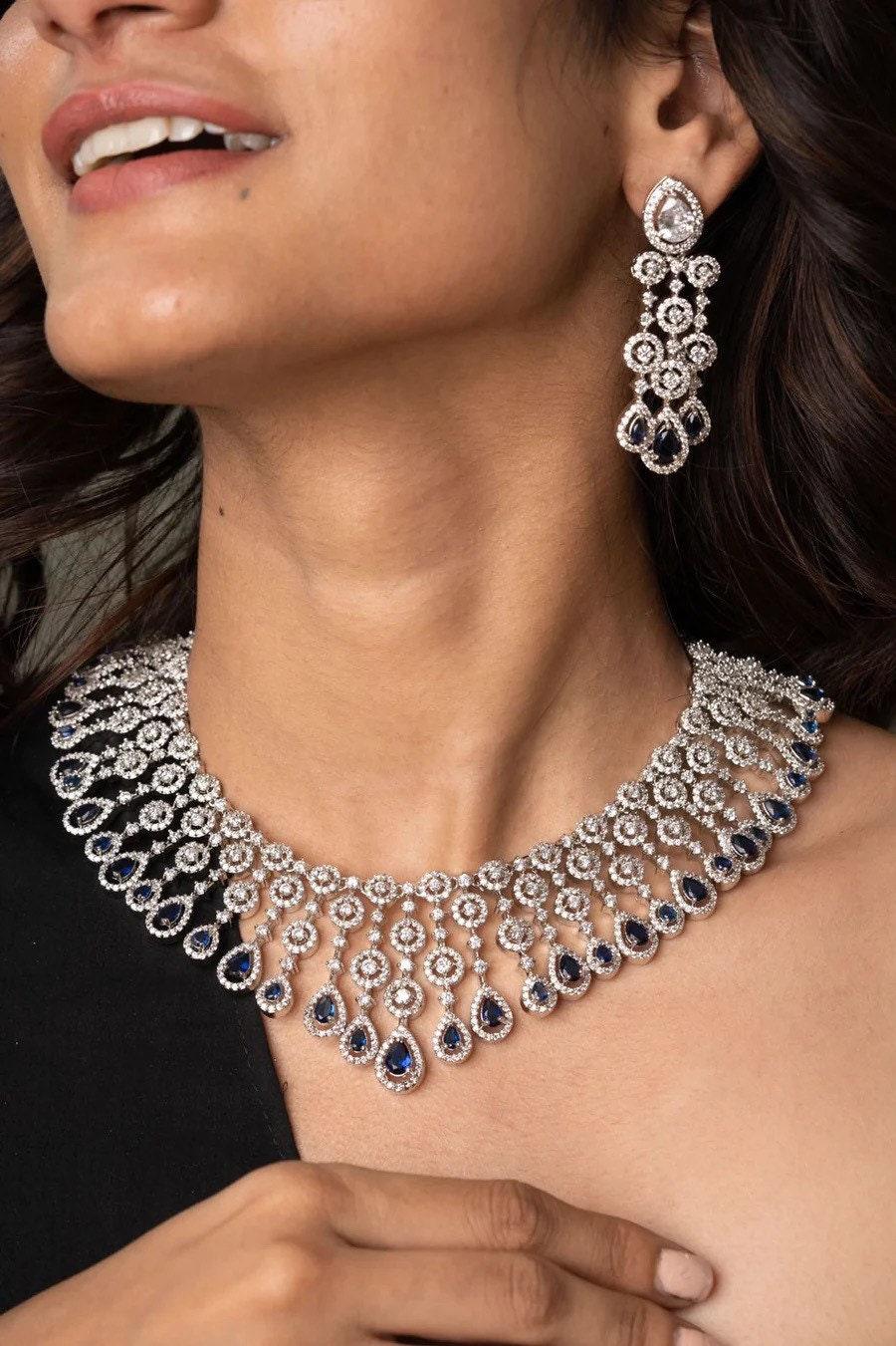 Sapphire CZ Diamond Necklace | Indian Jewelry | Pakistani Jewelry | Indian CZ Necklace Set | American Diamond Necklace Blue Diamond