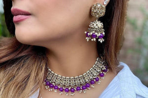 Purple Gold Polki Choker with chaandbali and tikka /Antique Gold Choker/Indian Choker Necklace/ Pakistani jewelry/ Indian jewelry
