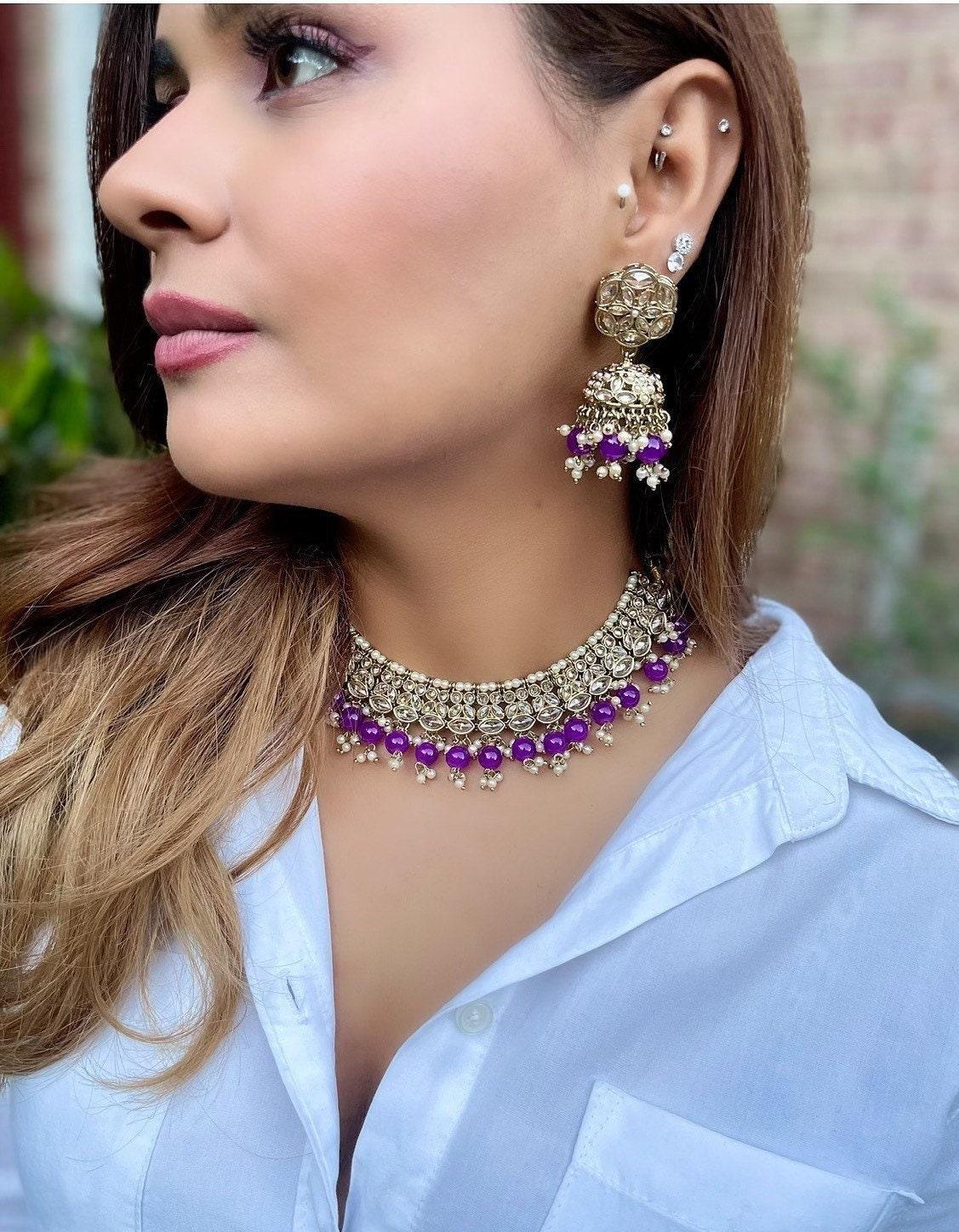 Purple Gold Polki Choker with chaandbali and tikka /Antique Gold Choker/Indian Choker Necklace/ Pakistani jewelry/ Indian jewelry