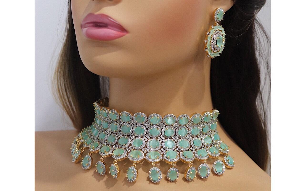 Mint CZ Gold Choker • Diamond Choker •American Diamond Necklace Set • Pakistani Jewelry • Jewelry • CZ Choker Necklace