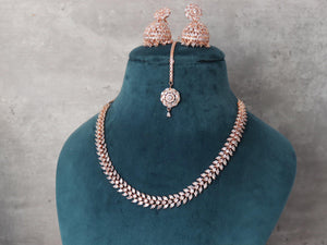 April Rose Gold Diamond Necklace with Jhumka and Tikka Rose Gold CZ Necklace American Diamond Necklace Rose Gold Indian Necklace Rose Gold