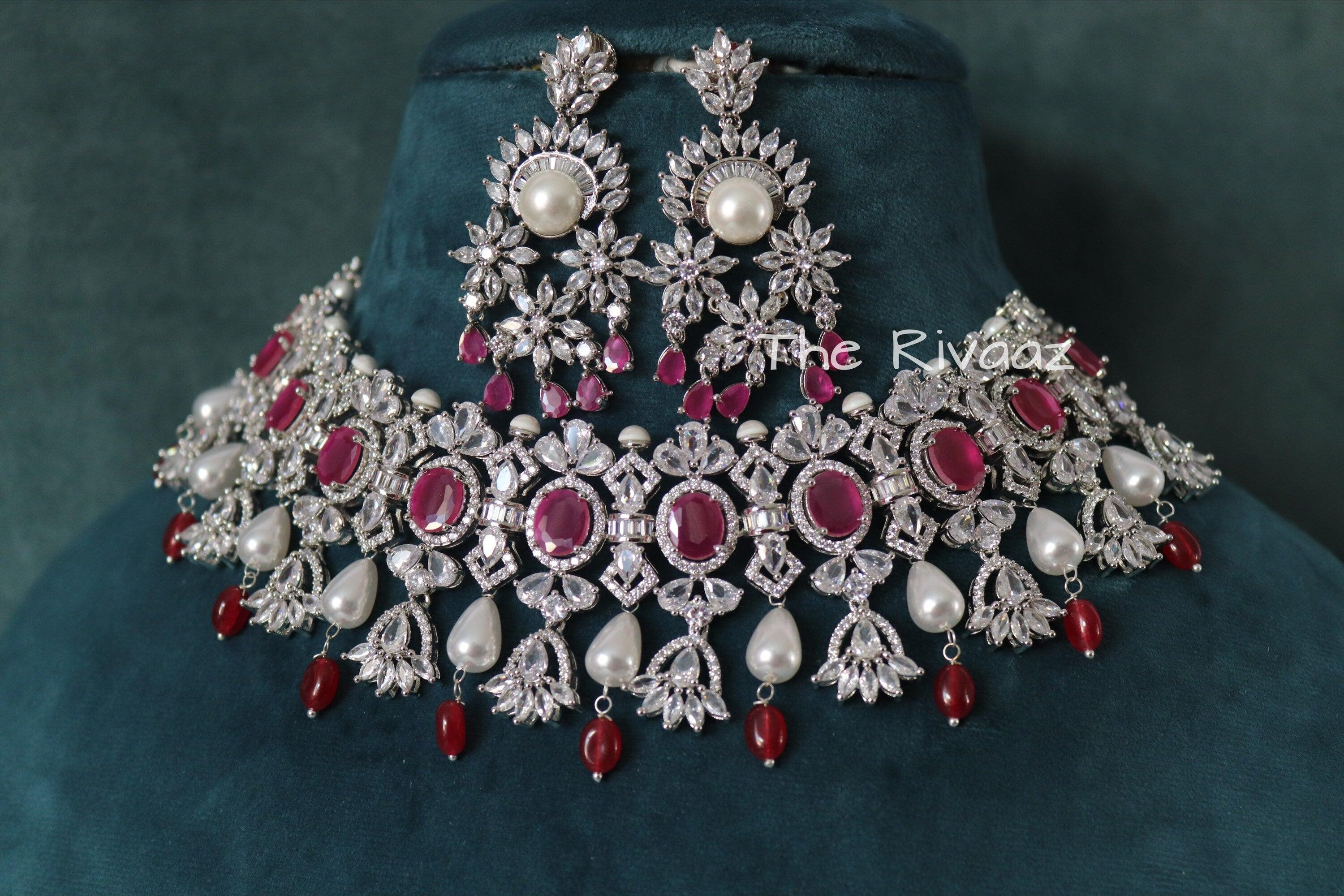 Sold Out Erika Ruby CZ Choker with Pearls Ruby CZ choker Necklace Indian American Diamond Choker