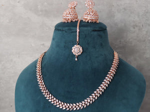 April Rose Gold Diamond Necklace with Jhumka and Tikka Rose Gold CZ Necklace American Diamond Necklace Rose Gold Indian Necklace Rose Gold