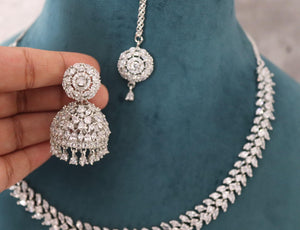 April White Diamond Necklace with Jhumka and Tikka CZ Necklace American Diamond Necklace Indian Necklace Crystal Jewelry Punjabi