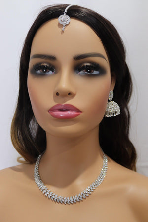 April White Diamond Necklace with Jhumka and Tikka CZ Necklace American Diamond Necklace Indian Necklace Crystal Jewelry Punjabi