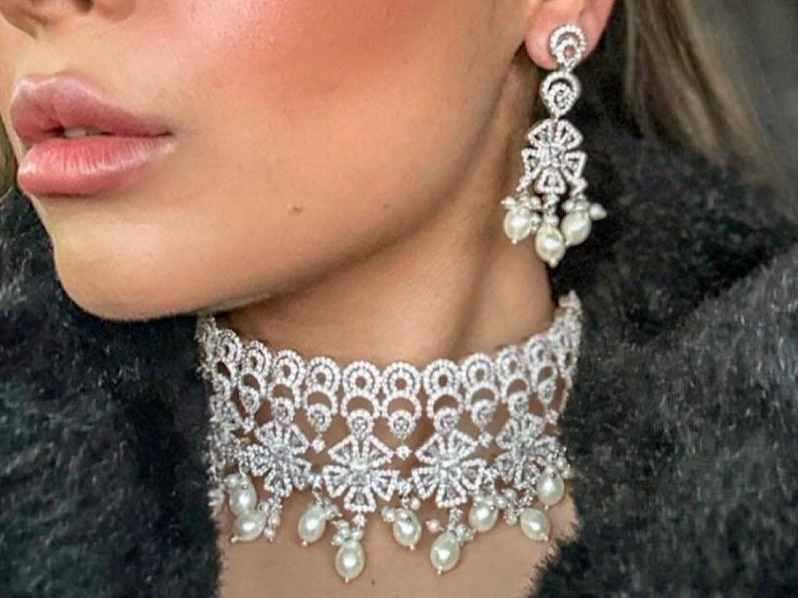Diamond Choker Necklace with Earring Indian jewelry Crystal Choker Indian Choker Pakistani jewelry Bollywood jewelry Wedding MyRivaaz