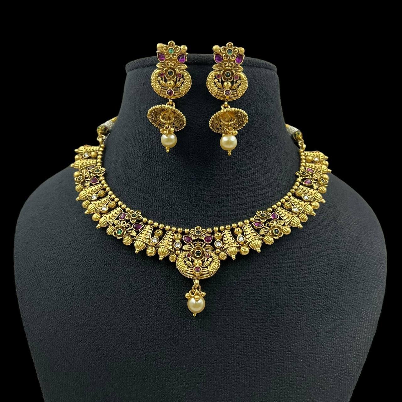 Matte Gold Necklace Ruby Emerald Choker Indian Jewelry Indian Jewelry Rajwadi Necklace Bollywood Jewelry