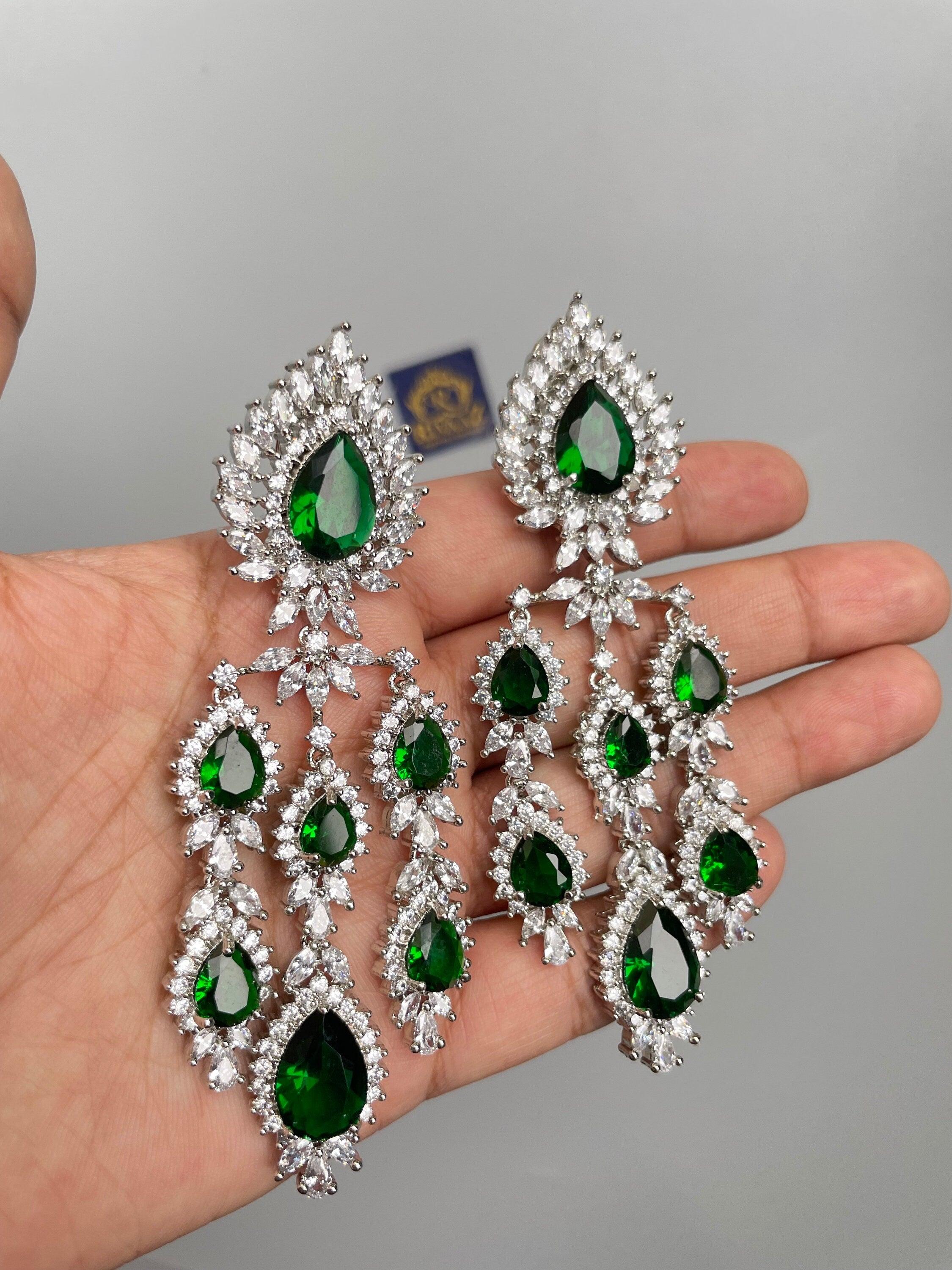 Emerald Diamond Earrings/ Indian Earring/ Indian Jewelry/ Pakistani Jewelry/ Crystal Earrings/ Jewelry/ Bollywood Jewelry