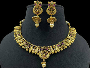 Matte Gold Necklace Ruby Emerald Choker Indian Jewelry Indian Jewelry Rajwadi Necklace Bollywood Jewelry